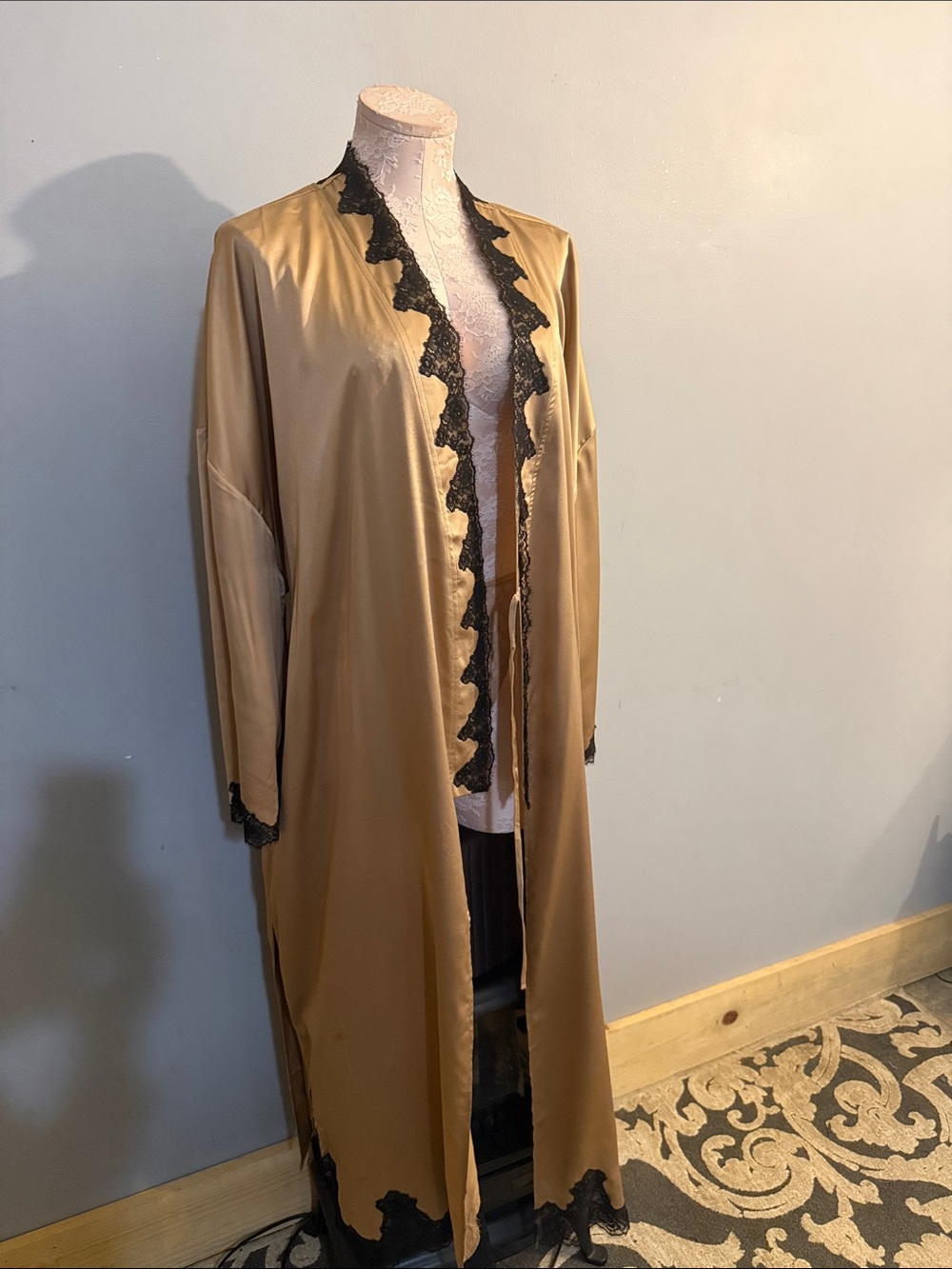 Victoria's Secret Gold Satin Long Robe with Black Lace ML